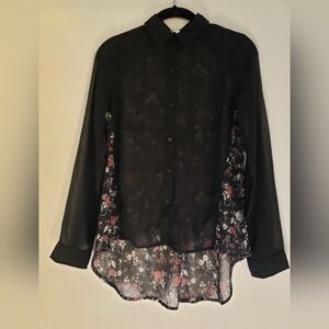 Frenchi - Black Botton Down Sheer Floral High Low Long Sleeves Blouse
